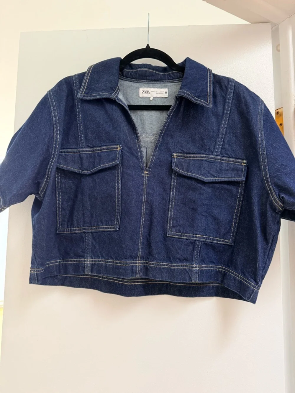 ZARA Dark Indigo Denim Cropped top with Patch Pockets - Picture 1 of 3